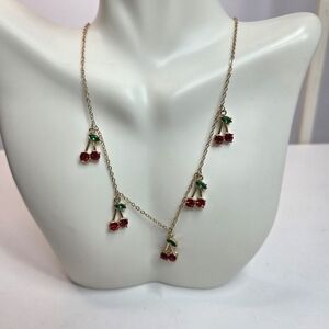 Cherry Dangle Charm Necklace Gold Tone Costume Whimsical Fruit